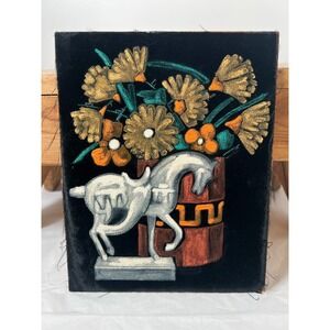 VTG Mid Century Modern Horse Still Life Floral Oil Painting Frayed Velvet 10"x8"